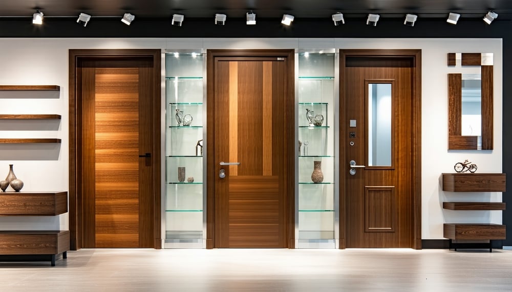 Wooden and glass door accessories displayed in a modern showroom