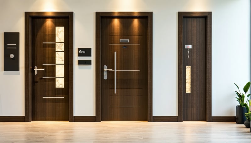 Display of modern door accessories for wooden and glass doors