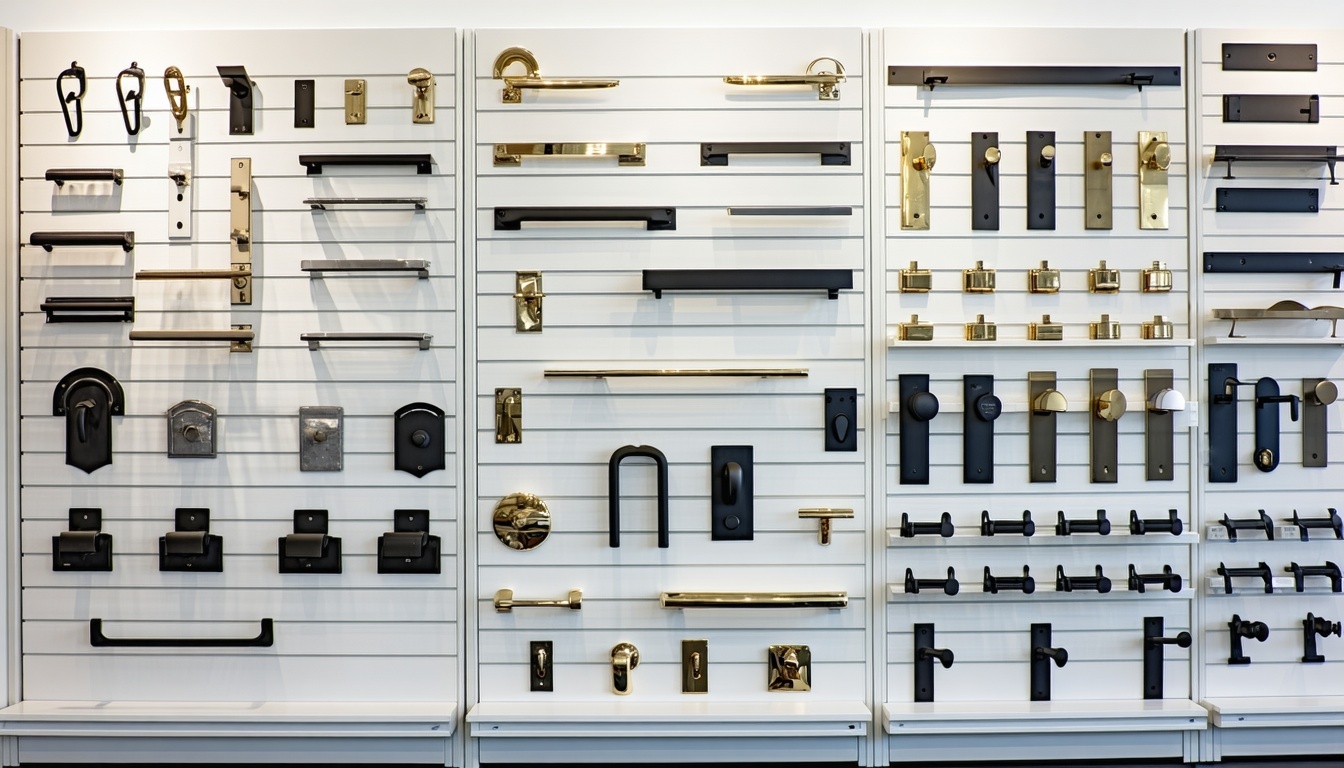 Wide selection of ironmongery door accessories on display